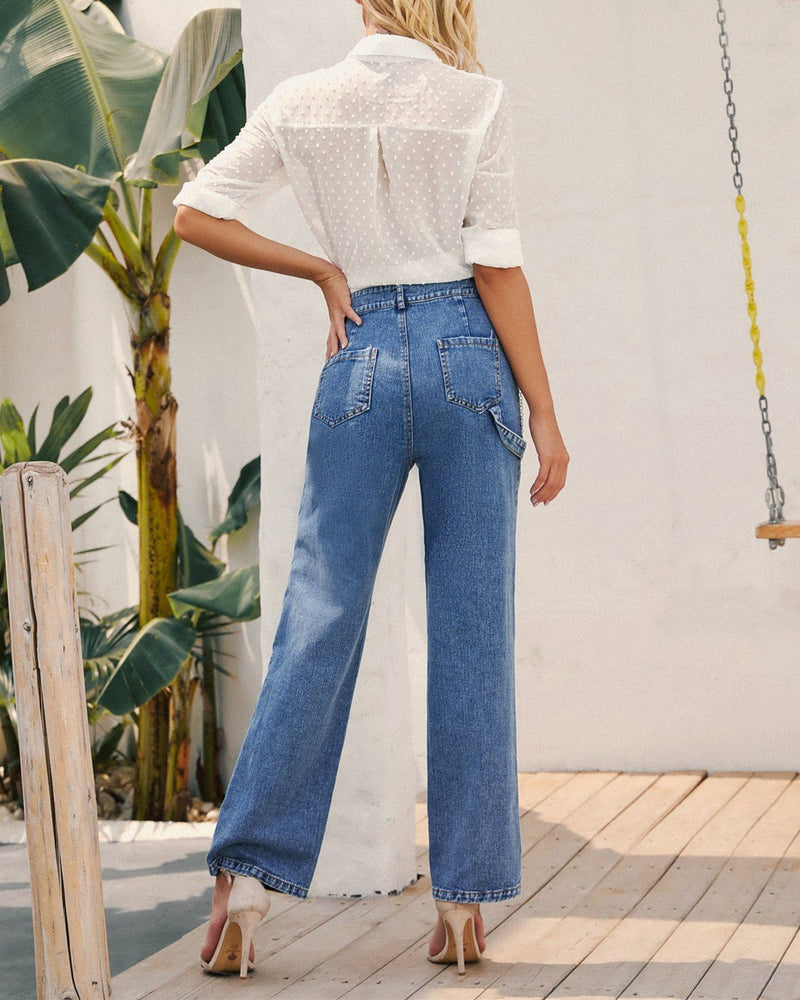 High-waisted Chain-straight Denim Trousers - Blue oh!My Lady 