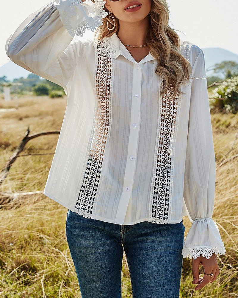 In the Breeze Hollow Lace Stitching Trumpet Shirt - White ShellyBeauty 