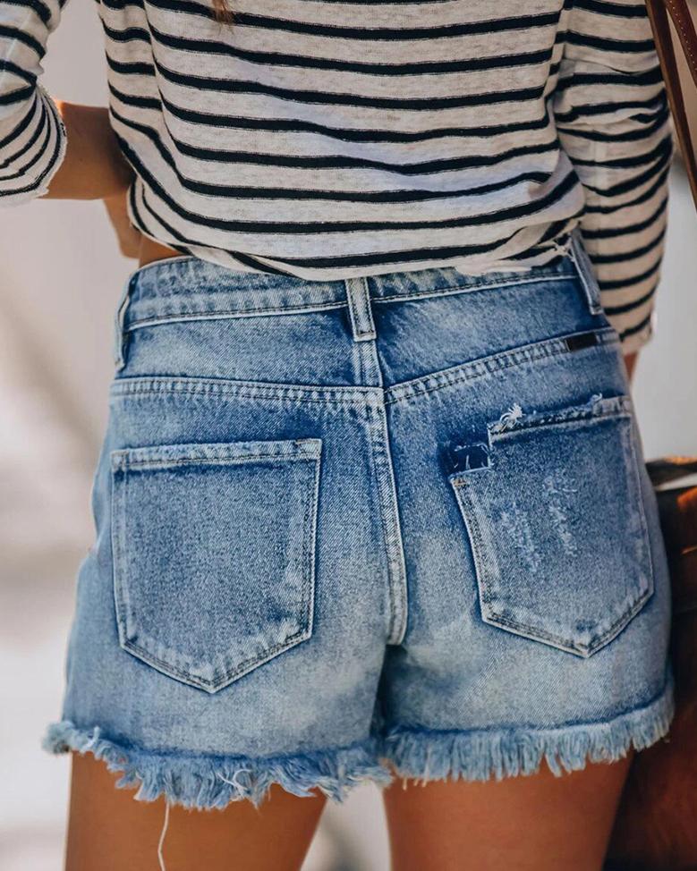 Just The Way Wash Distressed High-Waisted Shorts - Light Blue oh!My Lady 