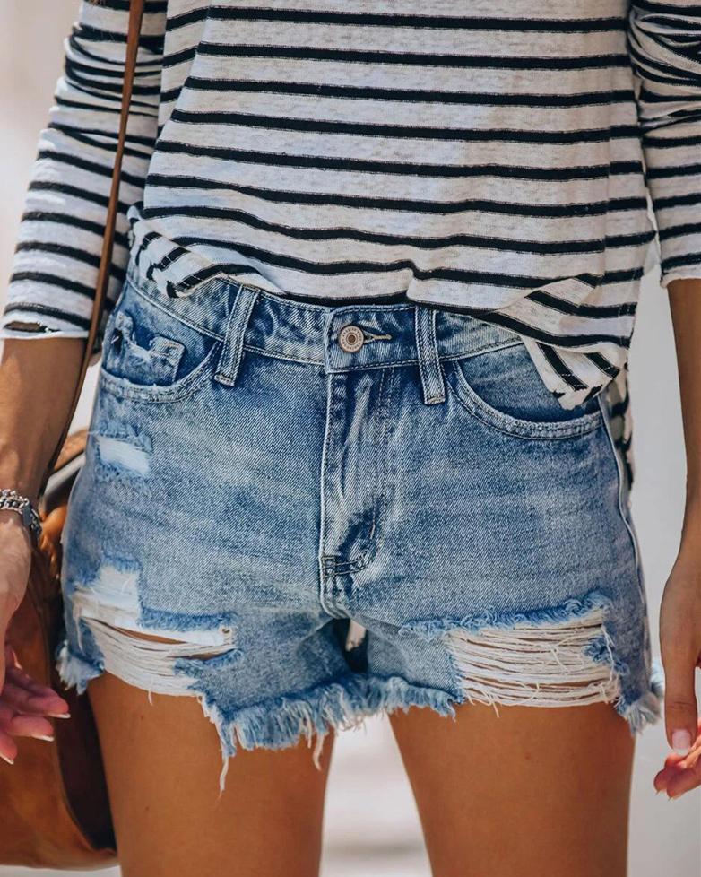 Just The Way Wash Distressed High-Waisted Shorts - Light Blue oh!My Lady 