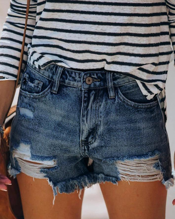 Just The Way Wash Distressed High-Waisted Shorts - Navy Blue oh!My Lady 