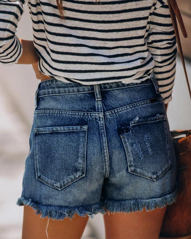 Just The Way Wash Distressed High-Waisted Shorts - Navy Blue oh!My Lady 