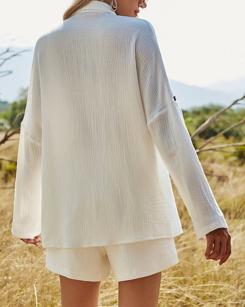 Kiss Nature Cotton Linen Shirt Top Shorts Set - White ShellyBeauty 