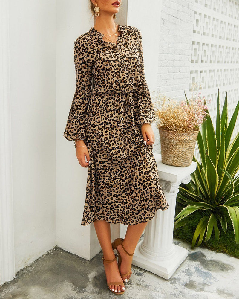 Lady In Love Leopard Print Long Sleeve Midi Dress - Coffee ShellyBeauty 