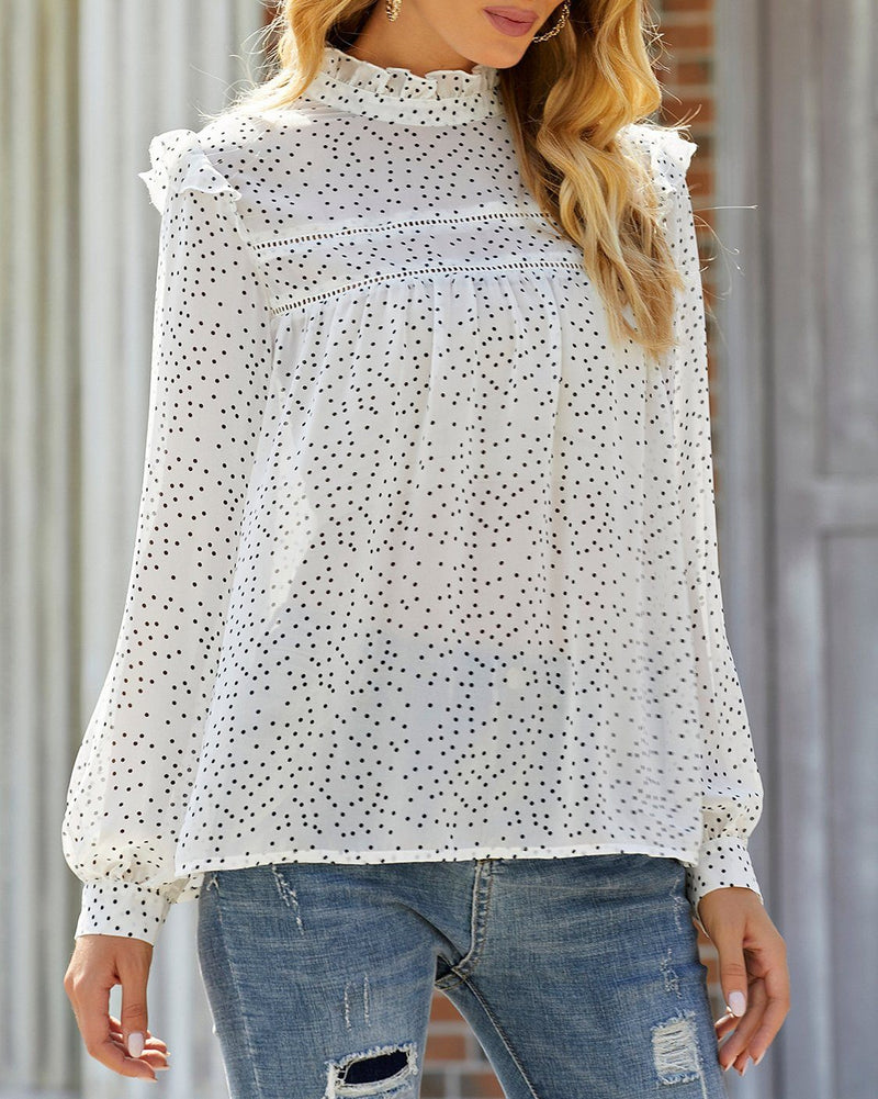 Magical Spot Polka Dot Print Chiffon Pleated Top - White ShellyBeauty 