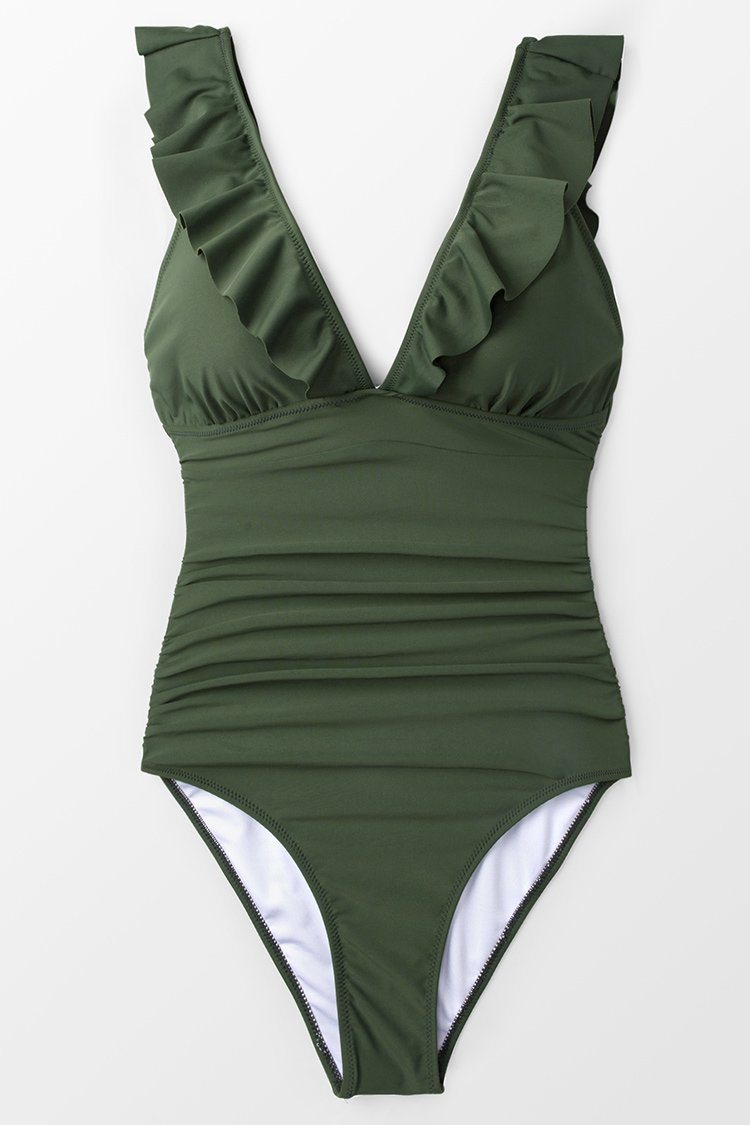 Moss Green Ruffle One Piece Swimsuit CPS-Swimwear OML 
