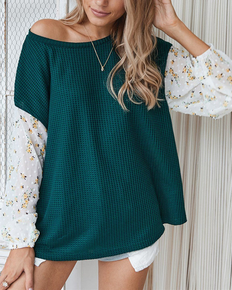 Nancie Rusty Floral Colorblock Knitted T-shirt - Blackish Green ShellyBeauty 