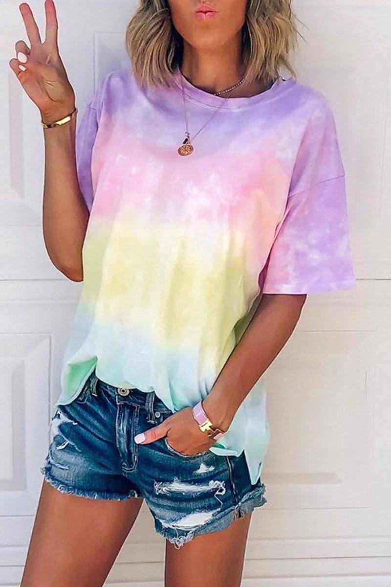 O Neck Tie-dye Multicolor T-shirt ohmylady/Tops OML S Pink 
