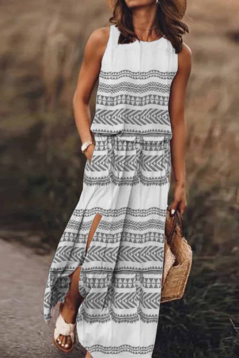 Printed Striped Maxi Dress With Pocket ohmylady/Dresses OML S Gray 