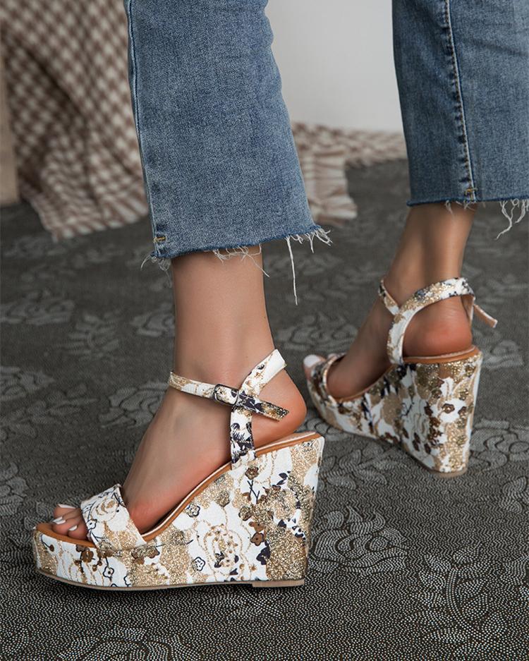 Printed Wedge Sandals - White Sandals oh!My Lady 