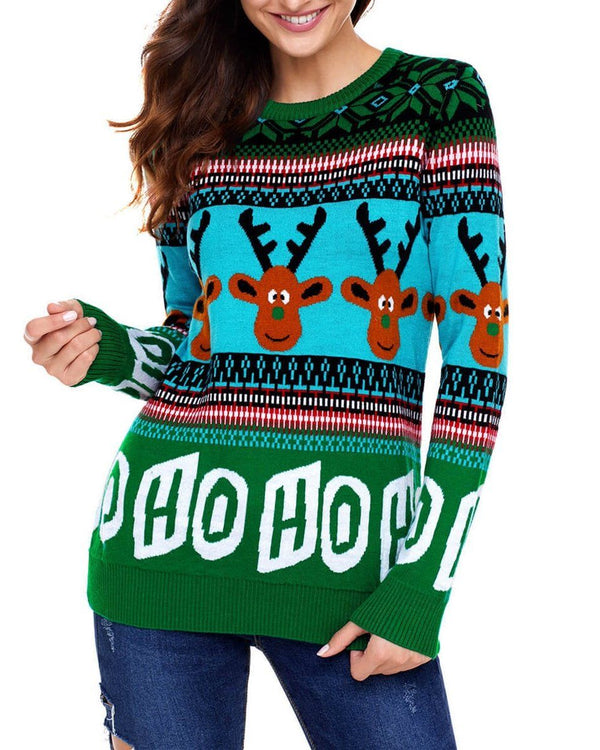 Pullover Round Neck Christmas Sweater - Green oh!My Lady 