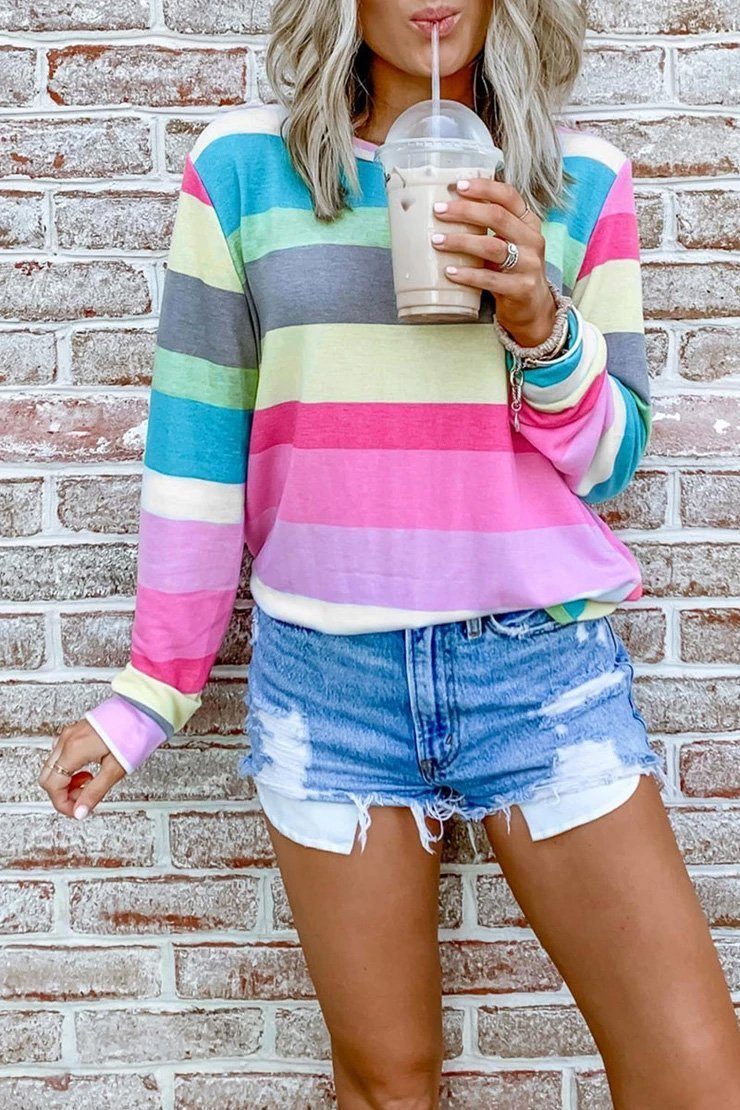 Rainbow Striped Multicolor Thin Tops Florcoo/Tops OML Pink S 