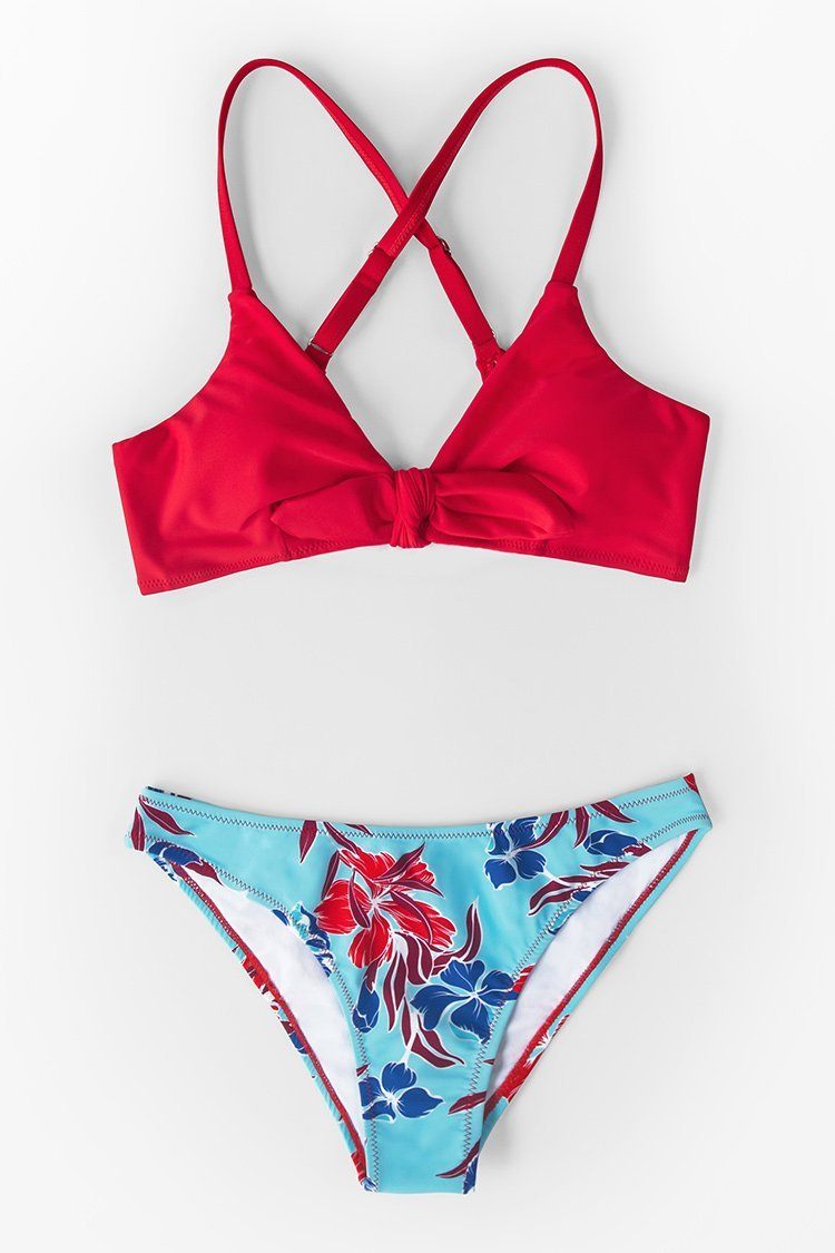 Red And Floral Print Low Waisted Bikini CPS-Swimwear OML 