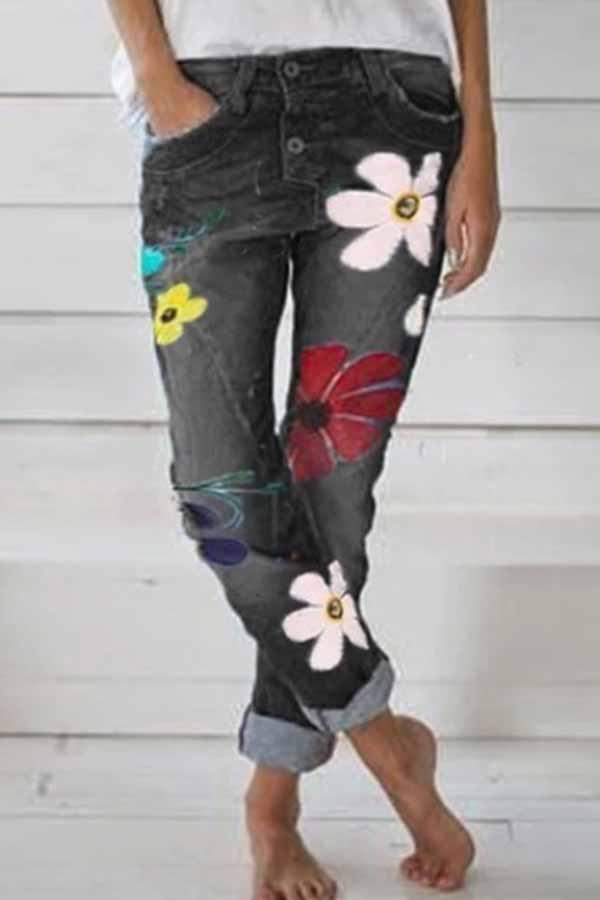 Regular Waist Flower Print Regular Fit Casual Wear Jeans ohmylady/Pants OML Black S 