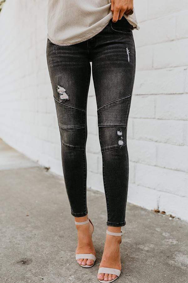 Regular Waist Solid Color Skinny Fit Hole Jeans Florcoo/Pants OML Black S 