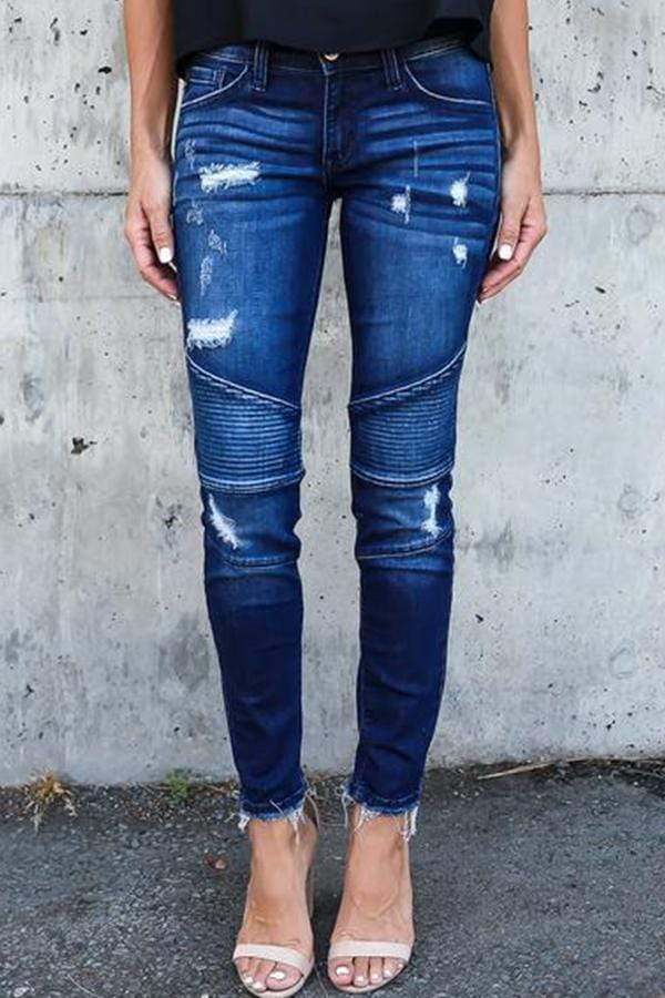 Regular Waist Solid Color Skinny Fit Hole Jeans Florcoo/Pants OML Dark Blue S 