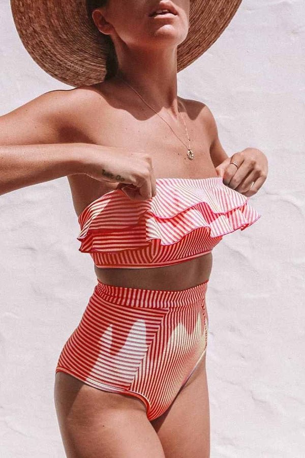 Ruffled Irregular Striped Swimsuit Florcoo/Swimwears OML S Red 