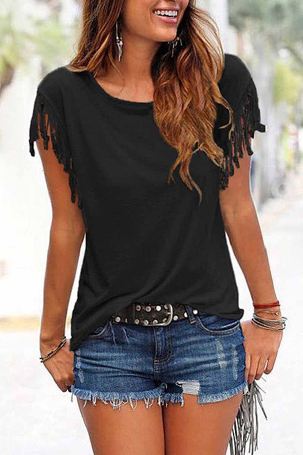 Short-sleeve Loose Tassel T-shirt(3 Colors) ohmylady/Tops OML S Black 