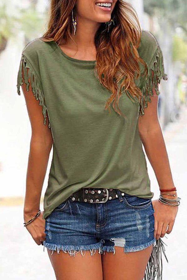 Short-sleeve Loose Tassel T-shirt(3 Colors) ohmylady/Tops OML S Green 