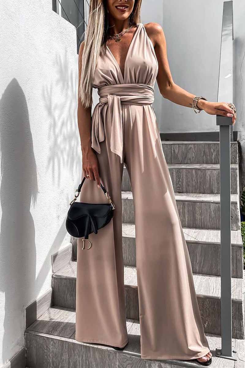 Sleeveless Solid Color Tie Rompers ohmylady/Set - x OML S Apricot 
