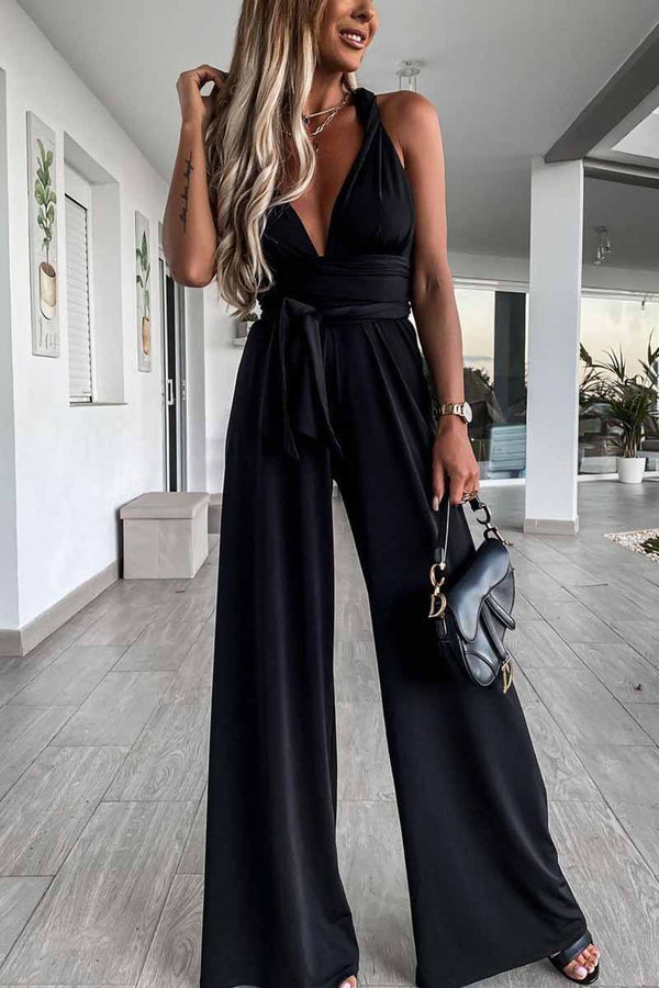 Sleeveless Solid Color Tie Rompers ohmylady/Set - x OML S Black 