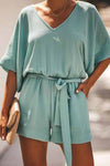 solid short sleeve tops Rompers ohmylady/Set OML S Green 
