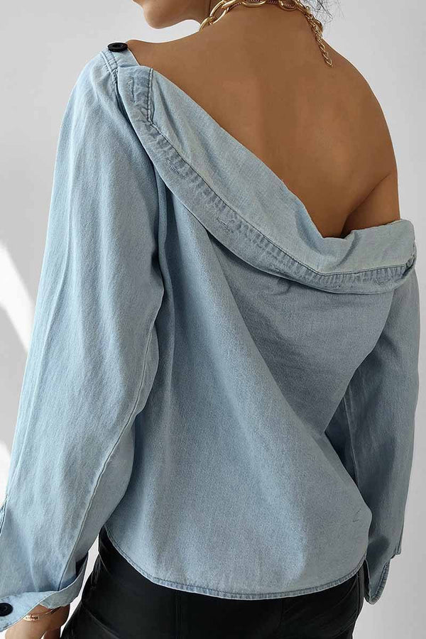 Spring Button-Neck Off-Shoulder Long-Sleeved Denim Shirt ohmylady/Tops OML 