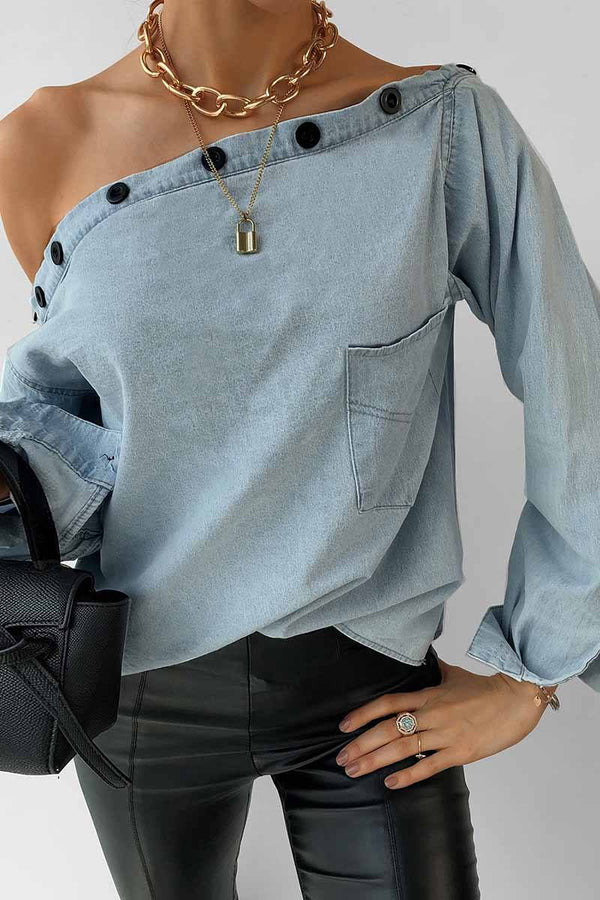 Spring Button-Neck Off-Shoulder Long-Sleeved Denim Shirt ohmylady/Tops OML S Light Blue 
