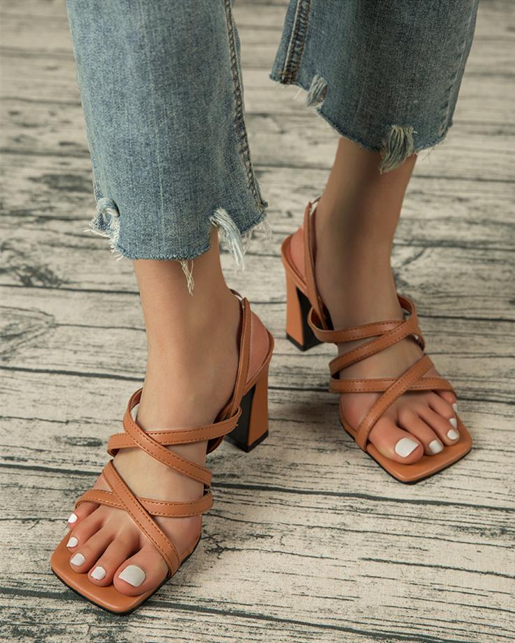 Square Heel Strappy Sandals - Brown Sandals oh!My Lady 