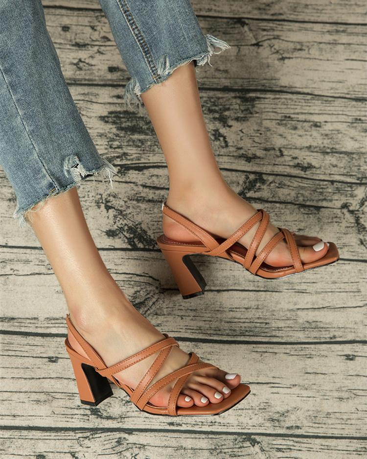 Square Heel Strappy Sandals - Brown Sandals oh!My Lady 