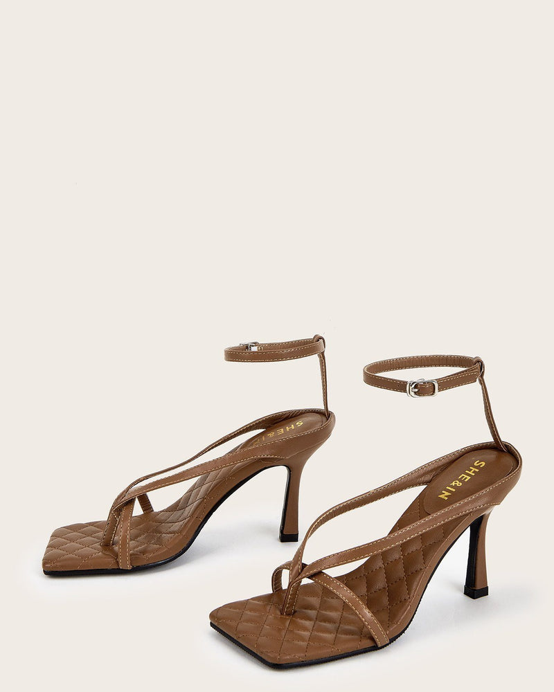 Square Toe Buckle Stiletto High Heels - Brown Oh!My Shoes 