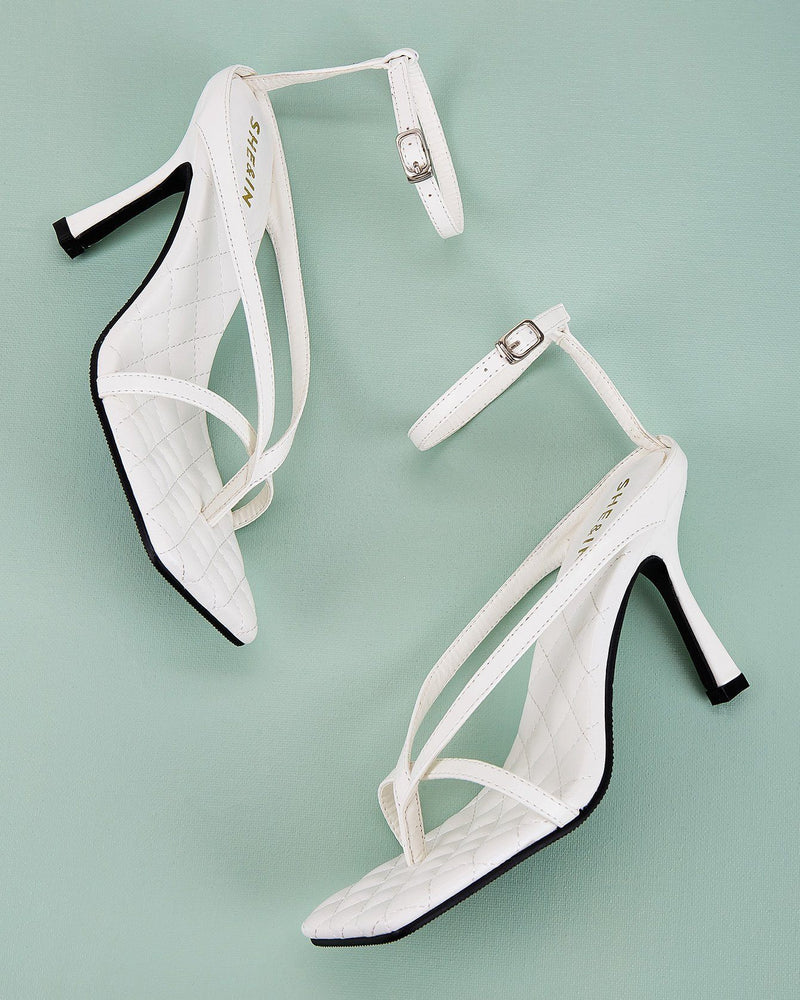 Square Toe Buckle Stiletto High Heels - White Oh!My Shoes 