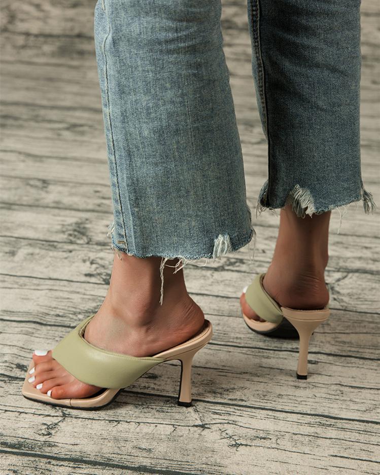 Square Toe Flip Flop Heeled Sandals - Green Oh!My Shoes 