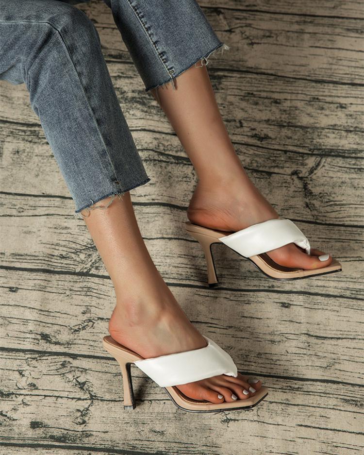 Square Toe Flip Flop Heeled Sandals - White Oh!My Shoes 