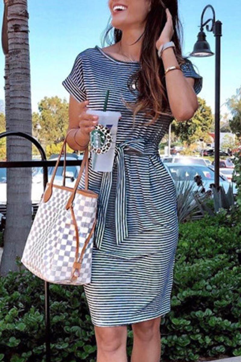 Striped Knot Design Grey Midi Dress Florcoo/Dresses OML 