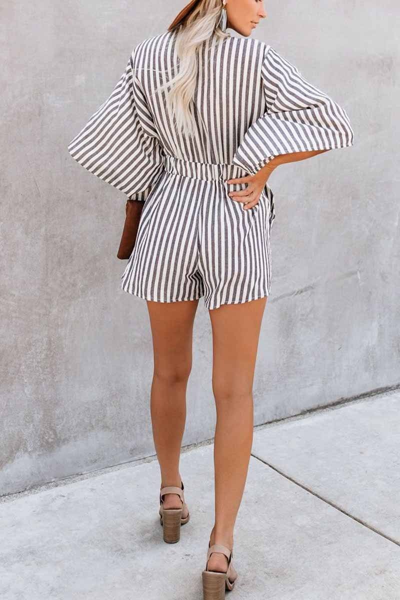 Striped Short Sleeve Loose Jumpsuit ohmylady/Set OML 