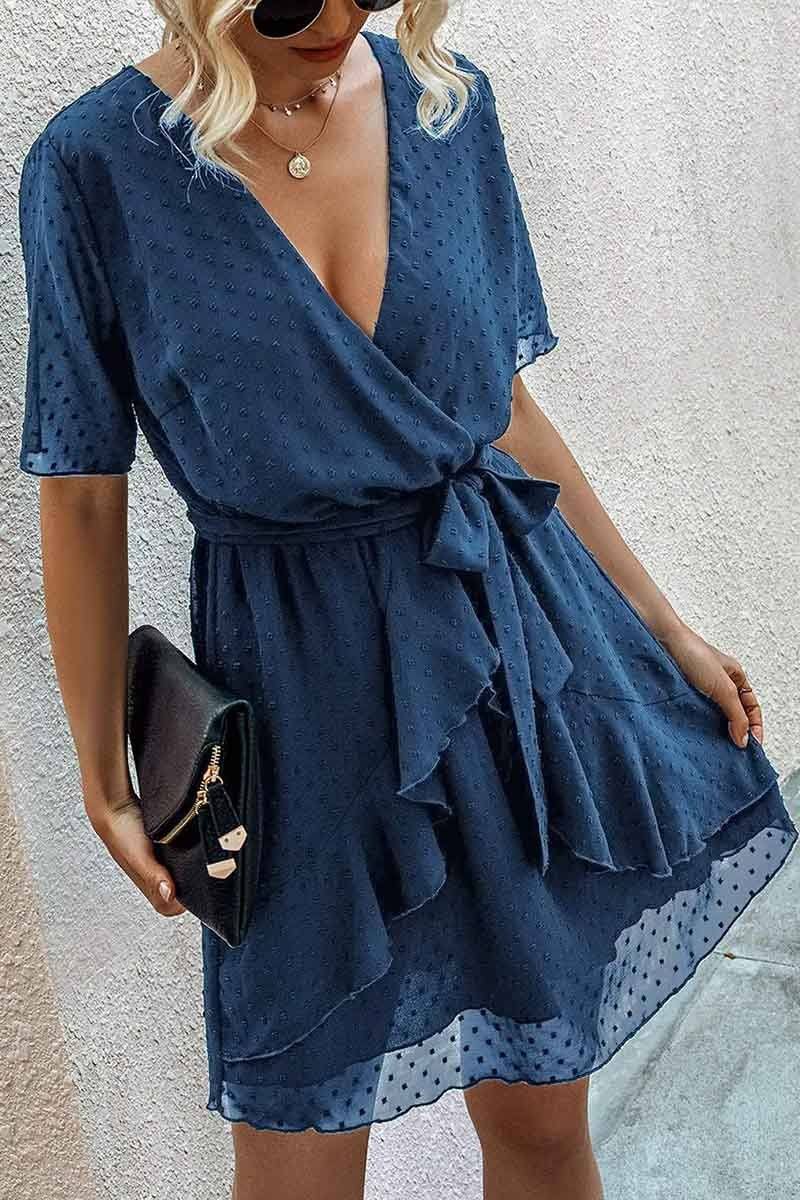 Swiss Dot V-Neck Dress With Belt ohmylady/Dresses OML S Dark Blue 