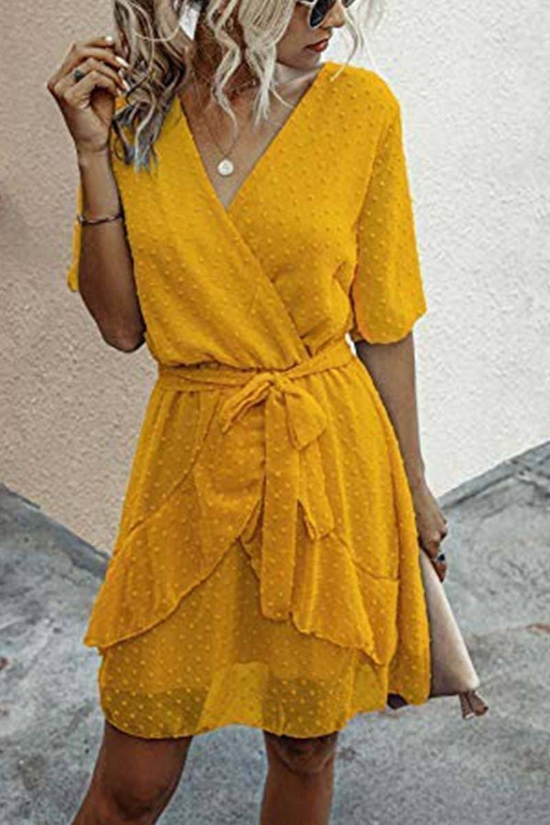 Swiss Dot V-Neck Dress With Belt ohmylady/Dresses OML S Yellow 