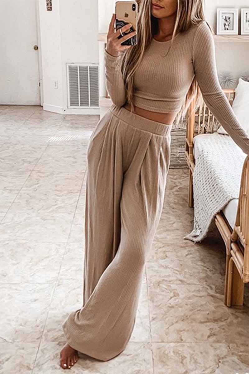 Two-Piece Round Neck Solid Color Long Sleeves Wide Legs ohmylady/Set OML S Apricot 