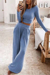 Two-Piece Round Neck Solid Color Long Sleeves Wide Legs ohmylady/Set OML S Blue 