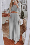 Two-Piece Round Neck Solid Color Long Sleeves Wide Legs ohmylady/Set OML S Gray 