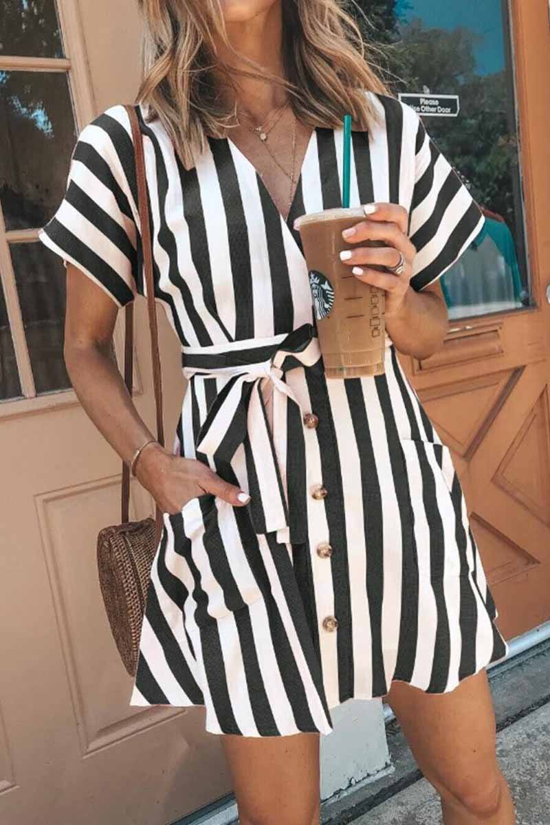 V-neck Button Striped Dress ( 2 Color) ohmylady/Dresses OML S Black 