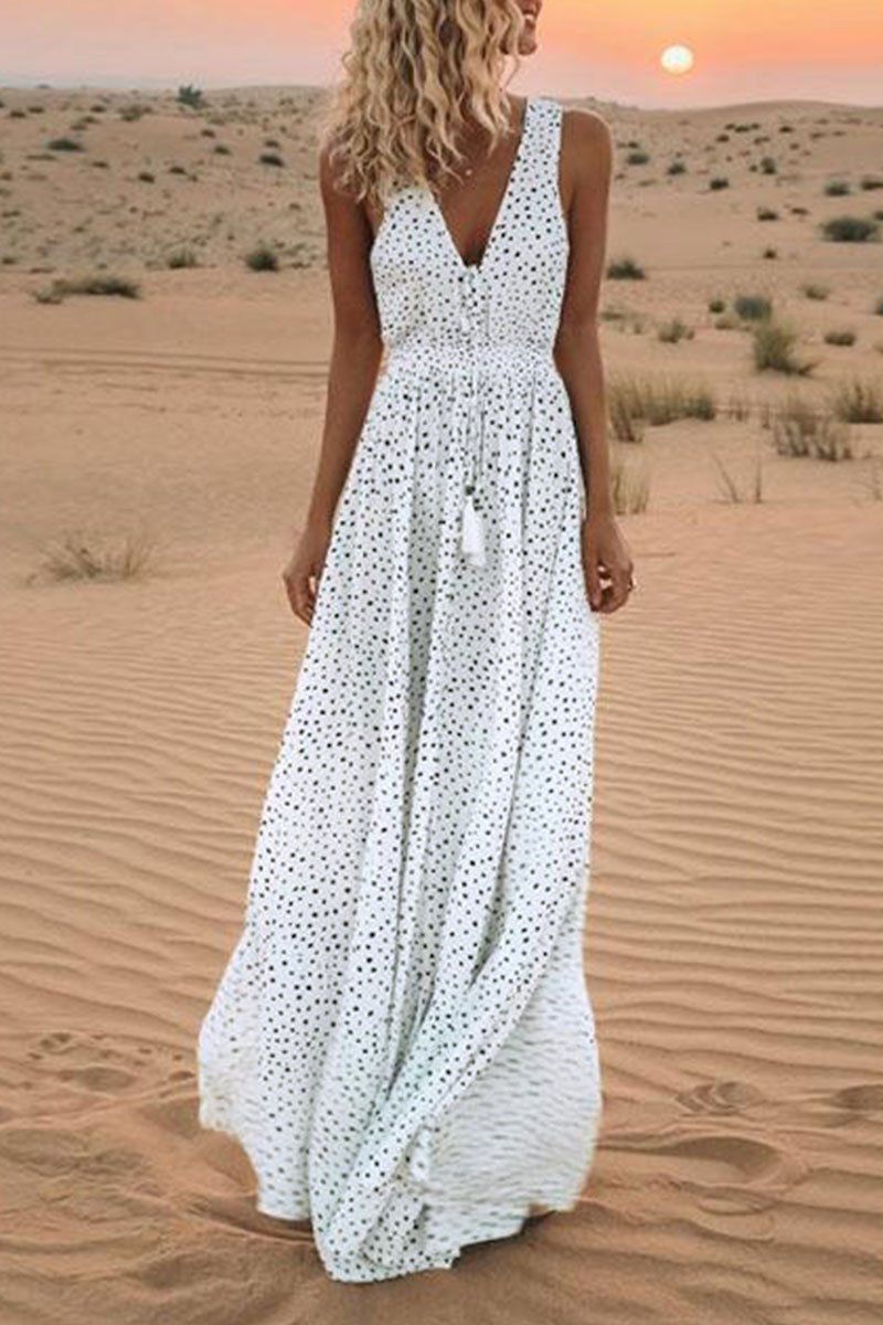 V Neck Dot Printed Floor Length Dress(3 Colors) ohmylady/Dresses OML S White 