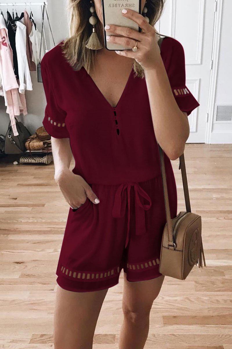 V Neck Hollow-out Lace-up Romper Florcoo/Jumpsuits Florcoo S Wine Red 