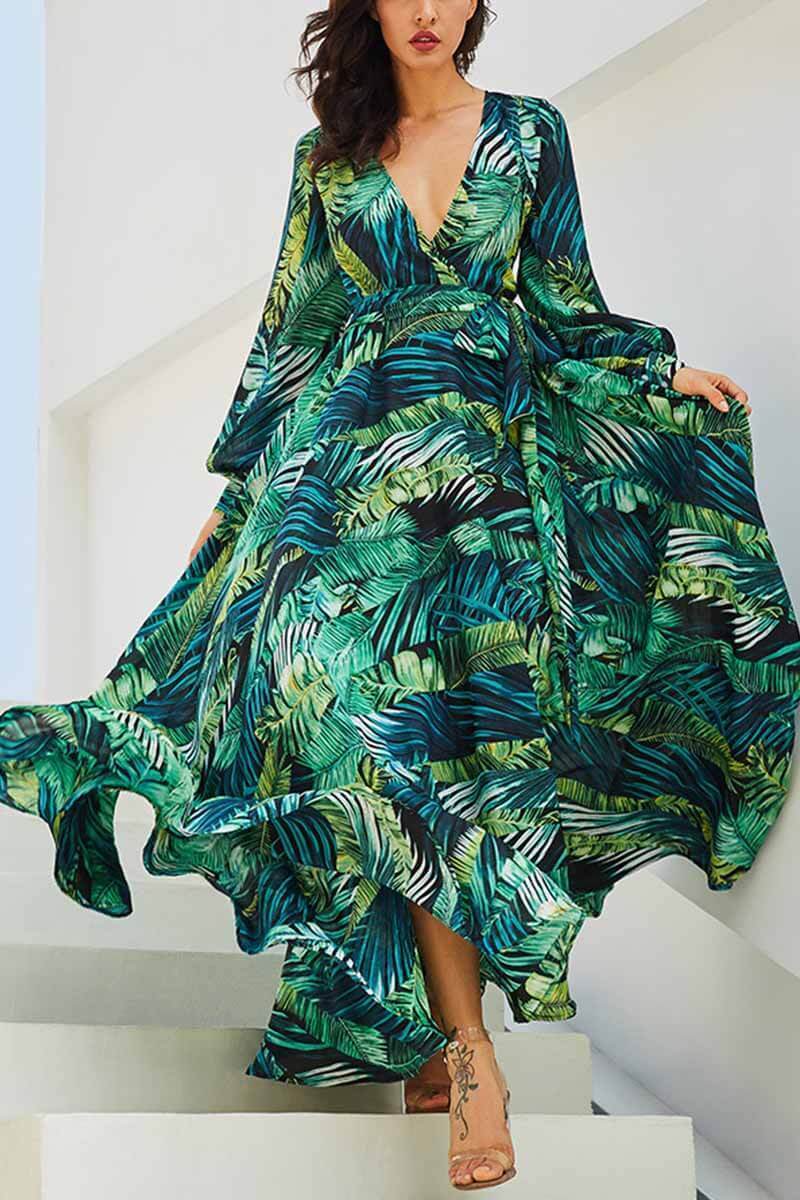 V-Neck Leaf Print Maxi Dress ohmylady/Dresses OML 