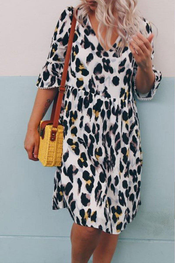 V Neck Leopard Printed Knee Length A Line Dress ohmylady/Dresses OML 