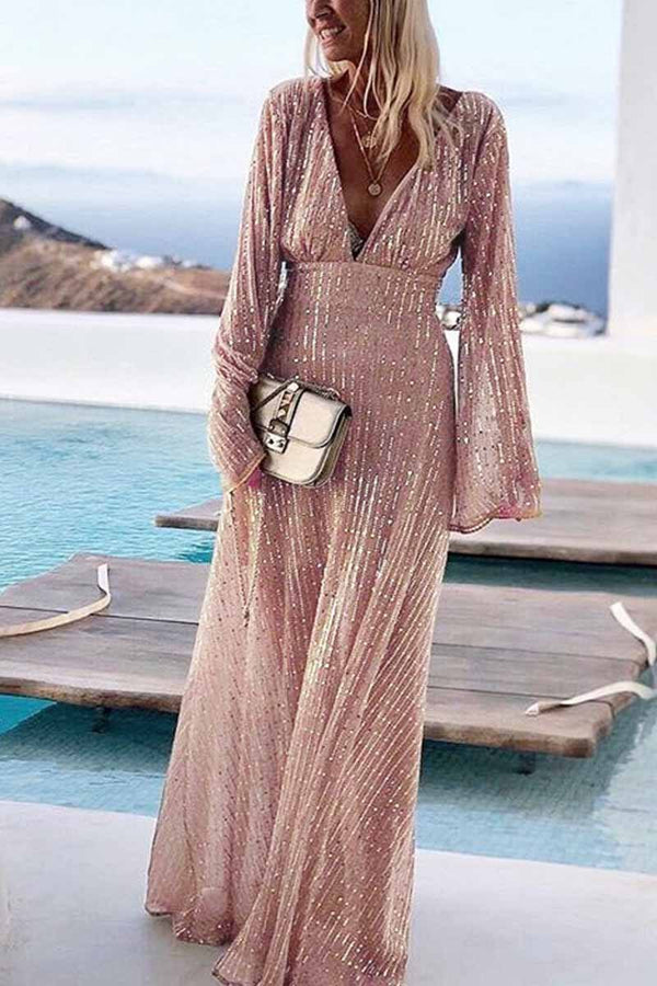V-Neck Long Sleeve Sequined Gown Maxi Dress ohmylady/Dresses OML S Apricot 