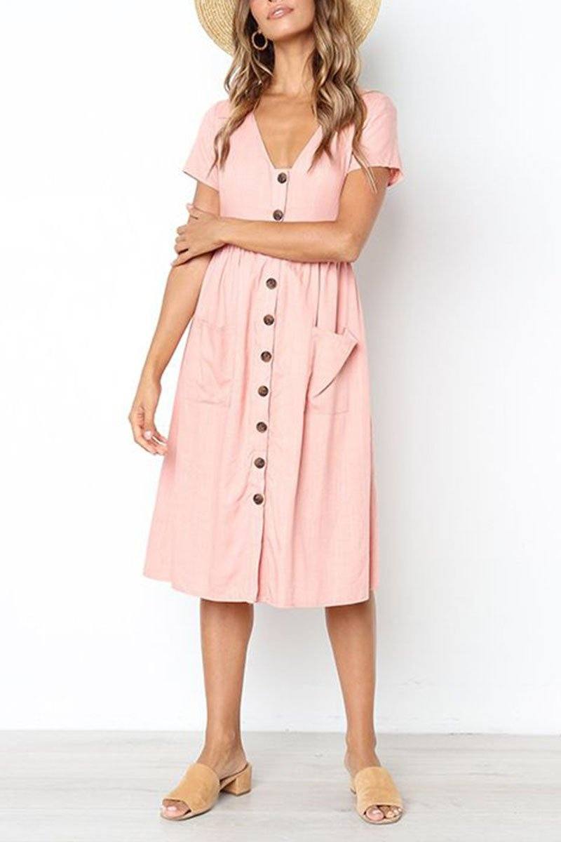 V-neck Pocket Dress ohmylady/Dresses OML S Pink 