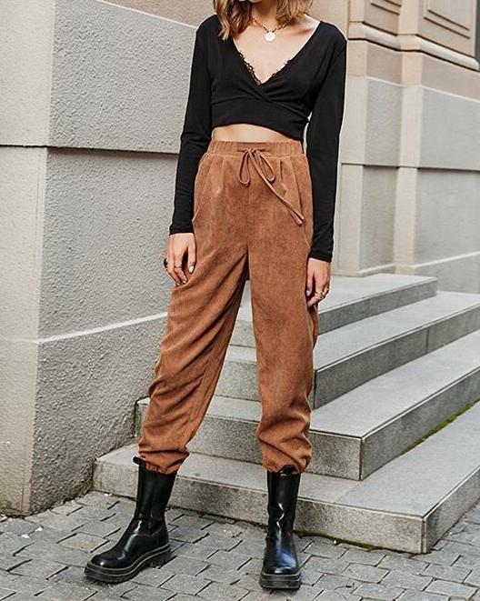 Waffle Knit Tie Front Corduroy Pants pants oh!My Lady 