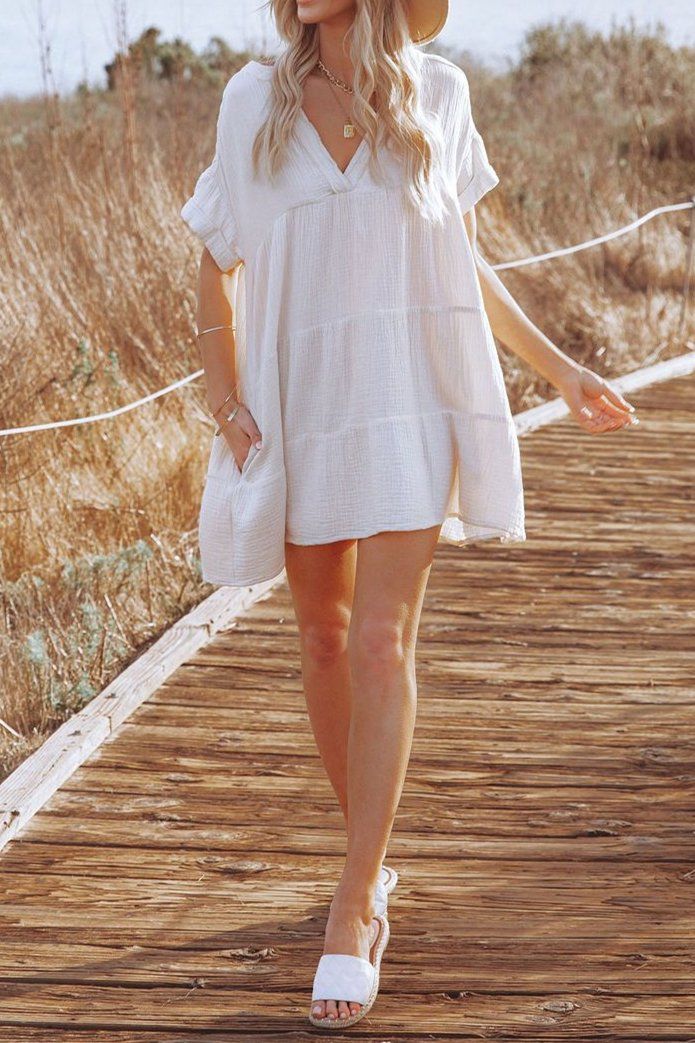 Waimea Cotton Pocketed Babydoll Dress - White ss-vcc-a2 OML 